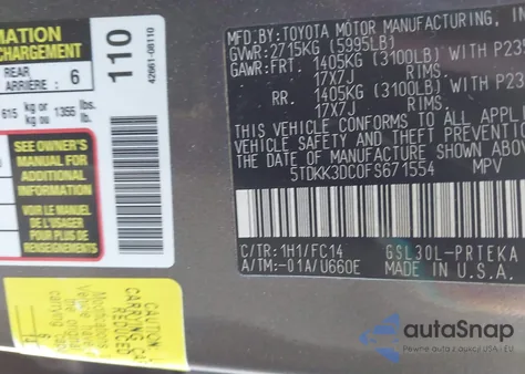 2015 Toyota Sienna Le 8 Passenger from USA, damaged, VIN 5TDKK3DC0FS671554